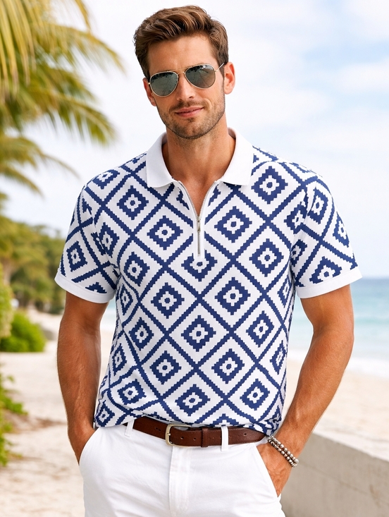 Other - Men's Blue & White Geometric Print Zip-Up Top | Short Sleeve Casual Chic, 2XL